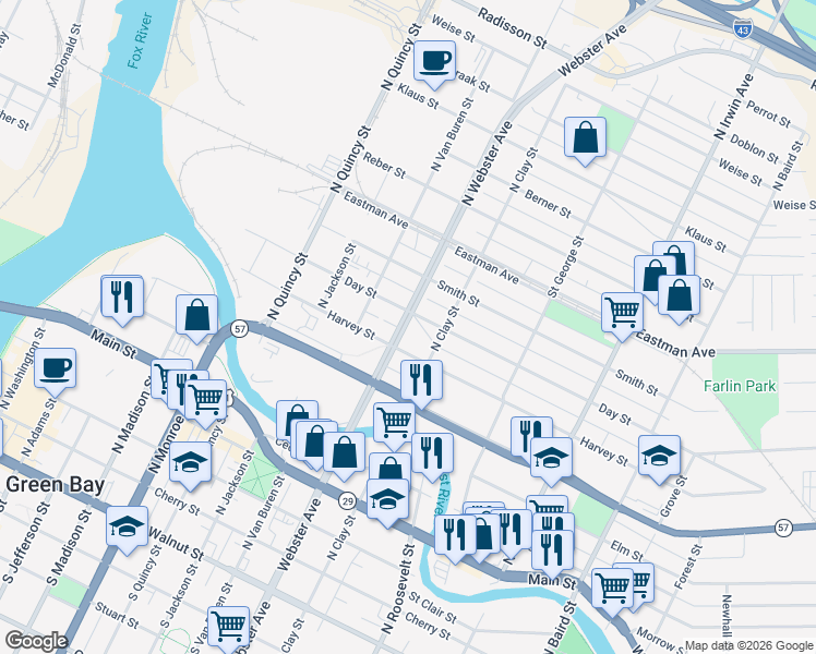 map of restaurants, bars, coffee shops, grocery stores, and more near 1025 Harvey Street in Green Bay