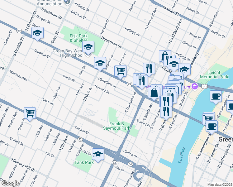 map of restaurants, bars, coffee shops, grocery stores, and more near 844 Christiana Street in Green Bay
