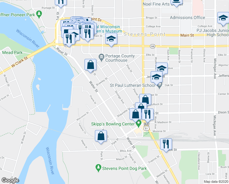 map of restaurants, bars, coffee shops, grocery stores, and more near 1764 Church Street in Stevens Point