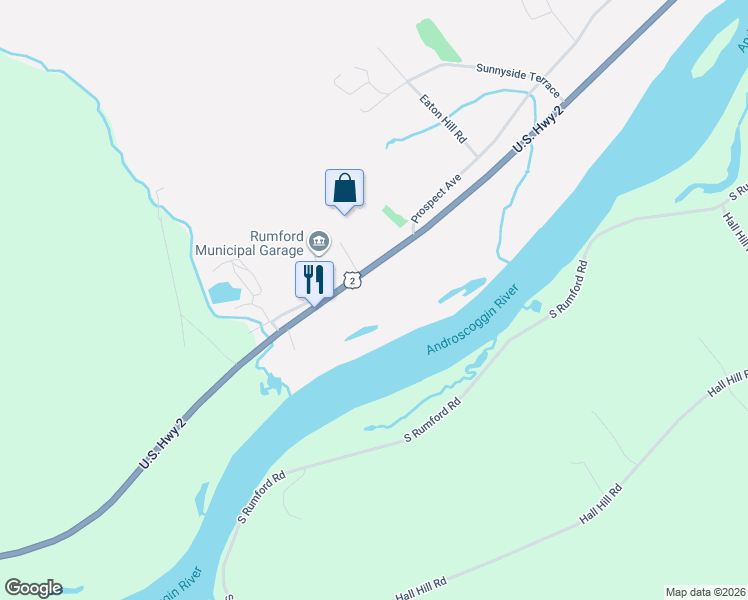 map of restaurants, bars, coffee shops, grocery stores, and more near 1023 U.S. 2 in Rumford