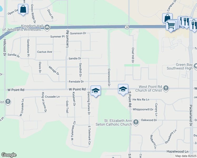 map of restaurants, bars, coffee shops, grocery stores, and more near 2899 Lost Horizon Road in Green Bay