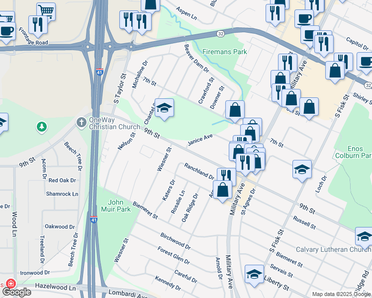 map of restaurants, bars, coffee shops, grocery stores, and more near 1699 Janice Avenue in Green Bay