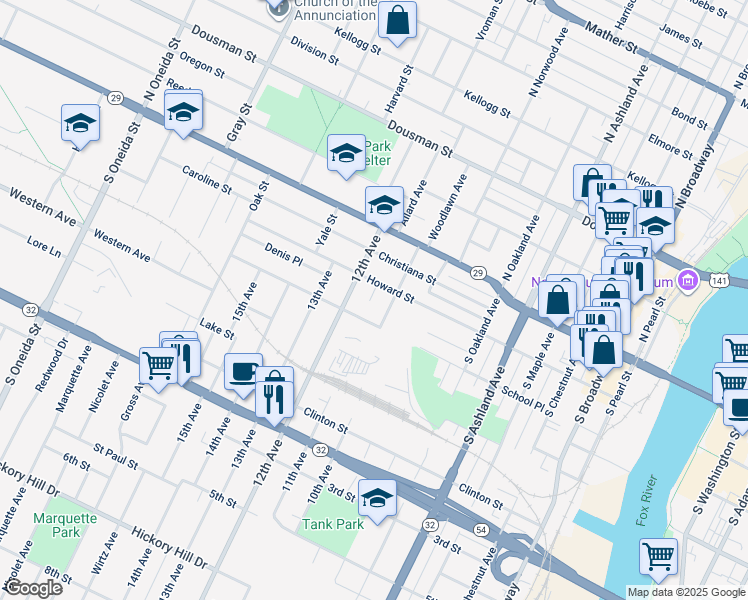 map of restaurants, bars, coffee shops, grocery stores, and more near 904 Howard Street in Green Bay