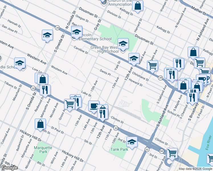 map of restaurants, bars, coffee shops, grocery stores, and more near 960 School Place in Green Bay