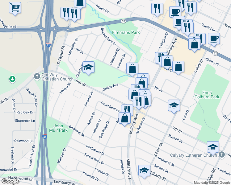 map of restaurants, bars, coffee shops, grocery stores, and more near 1601-1699 Janice Avenue in Green Bay