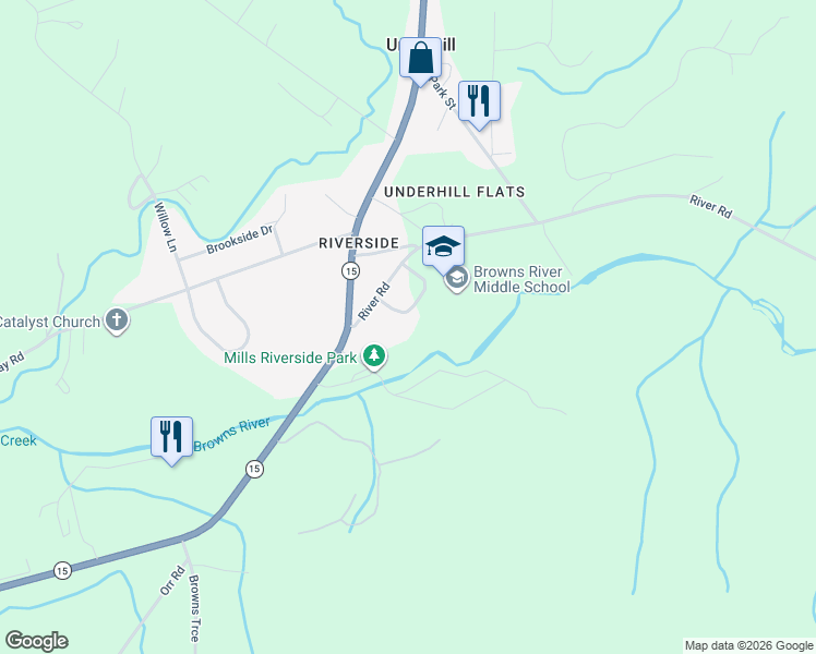 map of restaurants, bars, coffee shops, grocery stores, and more near 10 River Road in Chittenden County