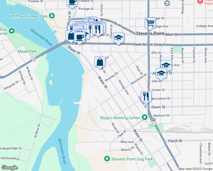 map of restaurants, bars, coffee shops, grocery stores, and more near 1717 Water Street in Stevens Point