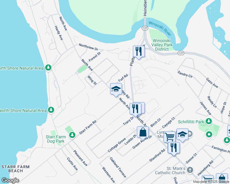 map of restaurants, bars, coffee shops, grocery stores, and more near 1688 North Avenue in Burlington