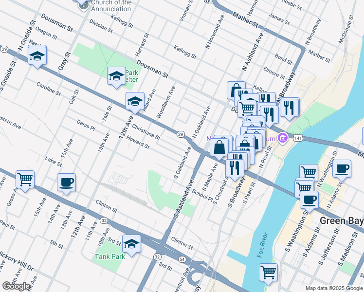 map of restaurants, bars, coffee shops, grocery stores, and more near 819 Shawano Avenue in Green Bay