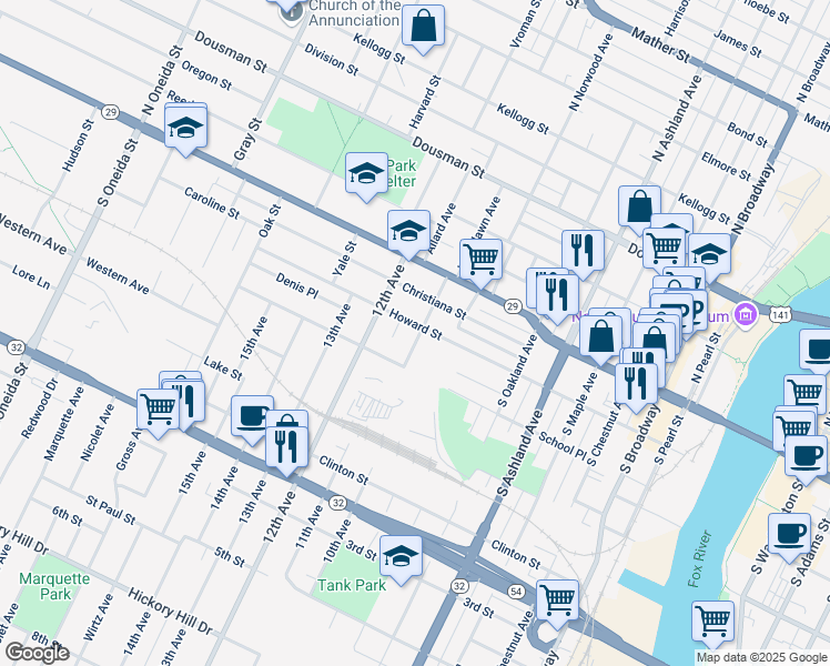 map of restaurants, bars, coffee shops, grocery stores, and more near 904 Howard Street in Green Bay