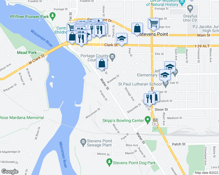 map of restaurants, bars, coffee shops, grocery stores, and more near 1565 Water Street in Stevens Point