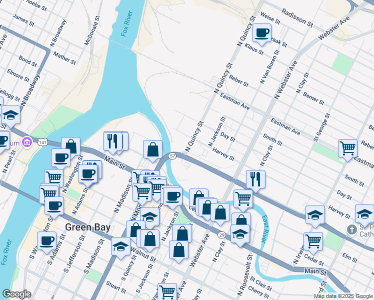 map of restaurants, bars, coffee shops, grocery stores, and more near 733 North Quincy Street in Green Bay