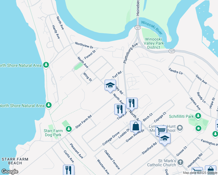 map of restaurants, bars, coffee shops, grocery stores, and more near 1688 North Avenue in Burlington