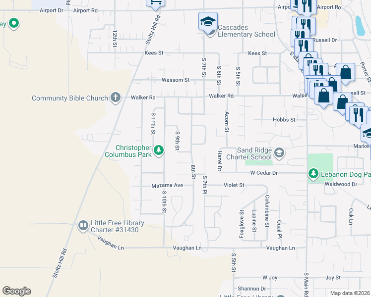 map of restaurants, bars, coffee shops, grocery stores, and more near 835 Sunflower Lane in Lebanon