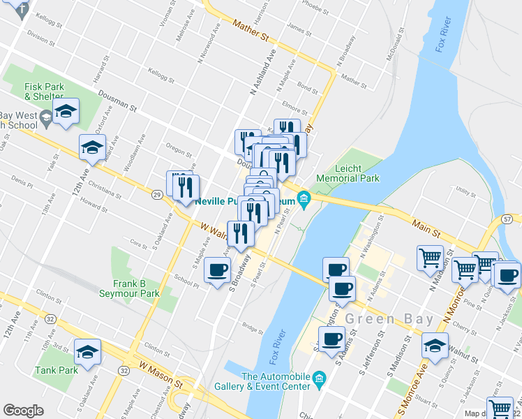 map of restaurants, bars, coffee shops, grocery stores, and more near 163 North Broadway in Green Bay