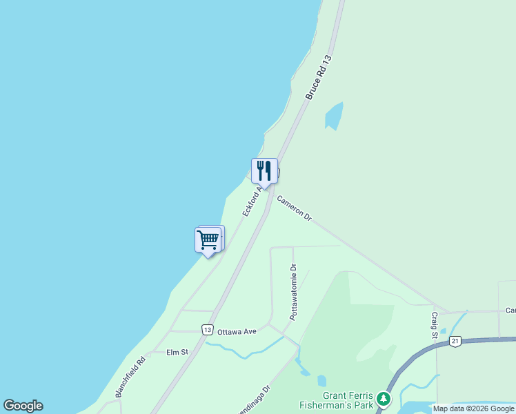 map of restaurants, bars, coffee shops, grocery stores, and more near 900a Bruce County Road 13 in Southampton