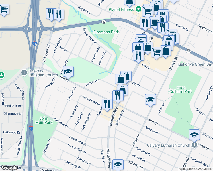 map of restaurants, bars, coffee shops, grocery stores, and more near 1630 Janice Avenue in Green Bay