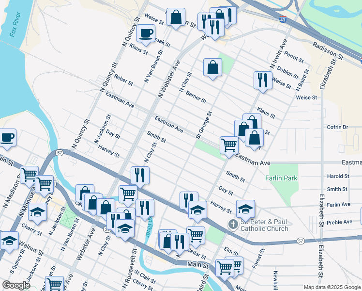 map of restaurants, bars, coffee shops, grocery stores, and more near 1155 Smith Street in Green Bay