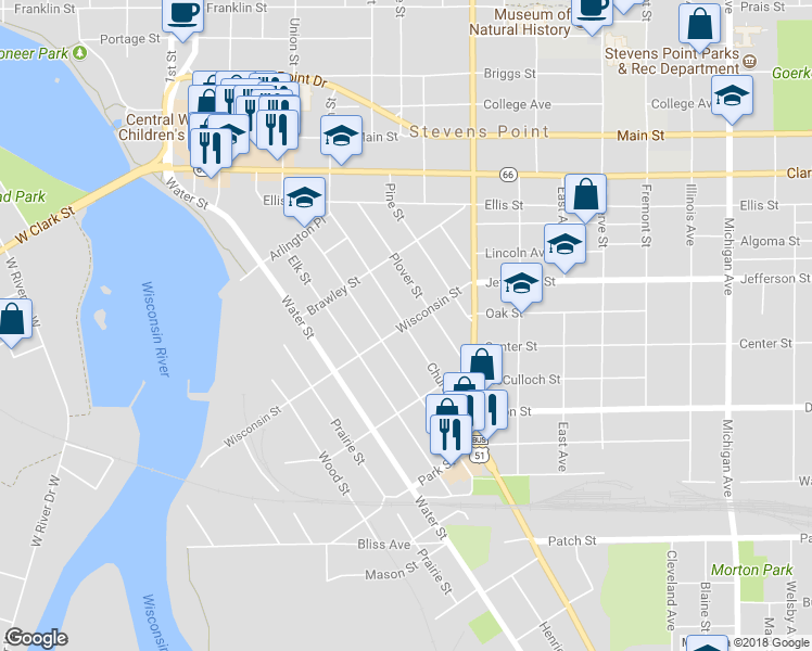 map of restaurants, bars, coffee shops, grocery stores, and more near 1300 Wisconsin Street in Stevens Point