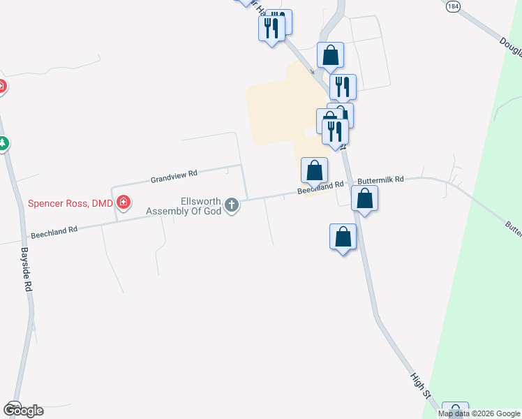 map of restaurants, bars, coffee shops, grocery stores, and more near 133 Beechland Road in Ellsworth