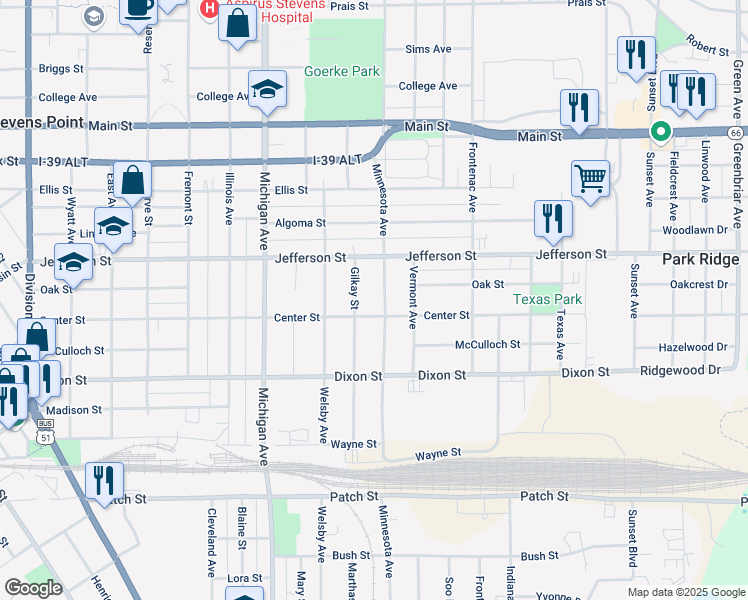 map of restaurants, bars, coffee shops, grocery stores, and more near 1833 Gilkay Street in Stevens Point