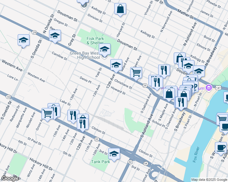 map of restaurants, bars, coffee shops, grocery stores, and more near 904 Howard Street in Green Bay