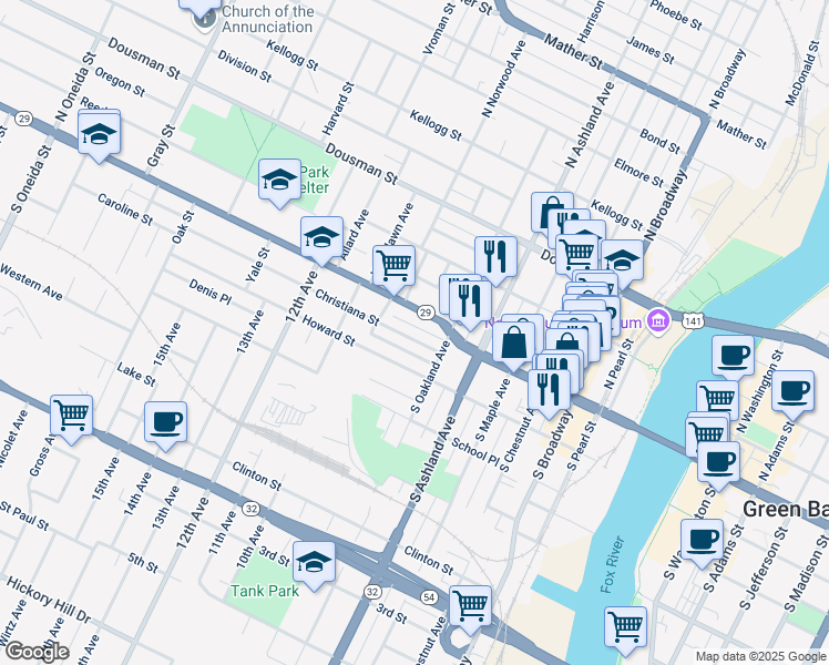 map of restaurants, bars, coffee shops, grocery stores, and more near 826 Christiana Street in Green Bay