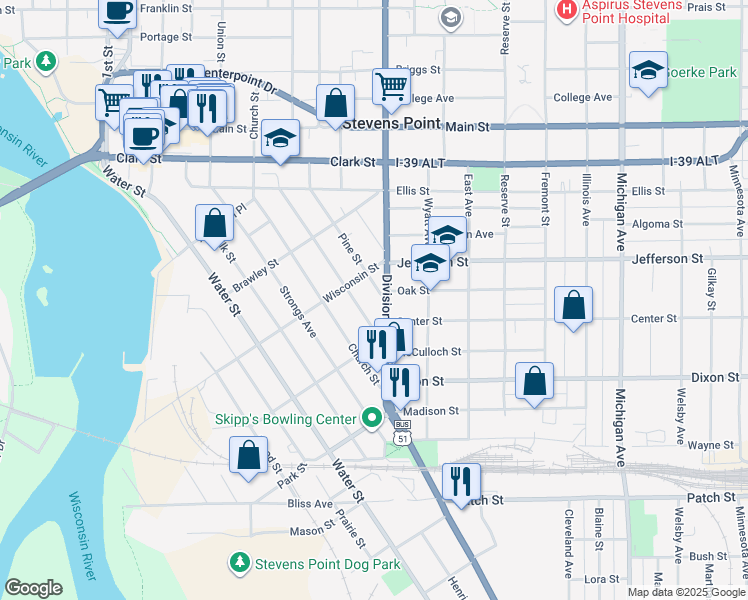 map of restaurants, bars, coffee shops, grocery stores, and more near 1924 Pine Street in Stevens Point