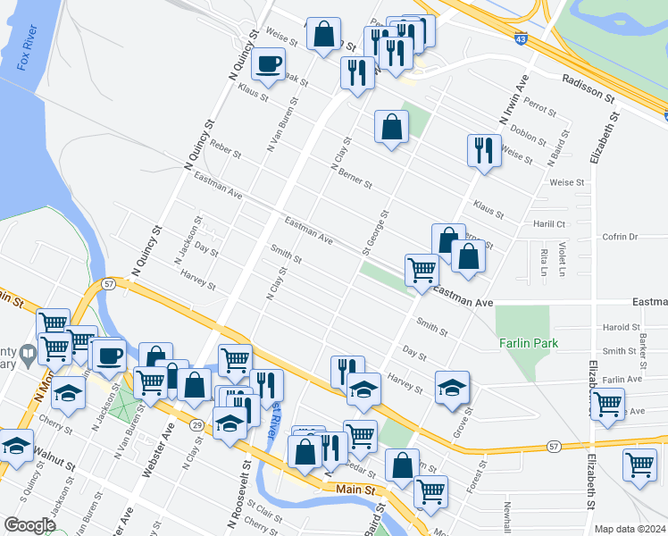 map of restaurants, bars, coffee shops, grocery stores, and more near 1153 Smith Street in Green Bay