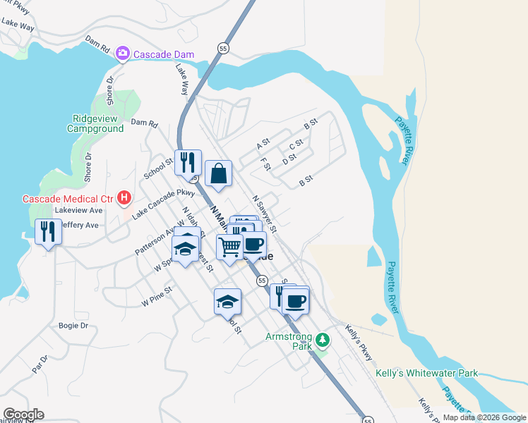 map of restaurants, bars, coffee shops, grocery stores, and more near 210 Hatfield Drive in Cascade