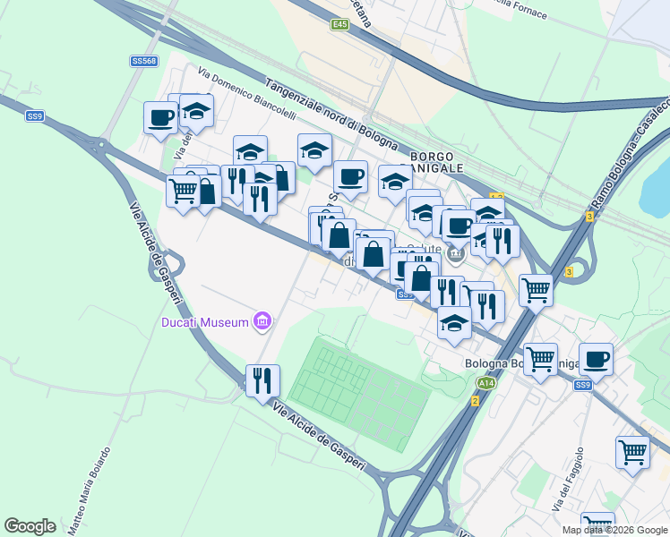 map of restaurants, bars, coffee shops, grocery stores, and more near 108 Via Marco Emilio Lepido in Bologna