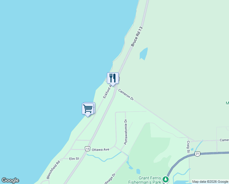 map of restaurants, bars, coffee shops, grocery stores, and more near 900a Bruce County Road 13 in Southampton