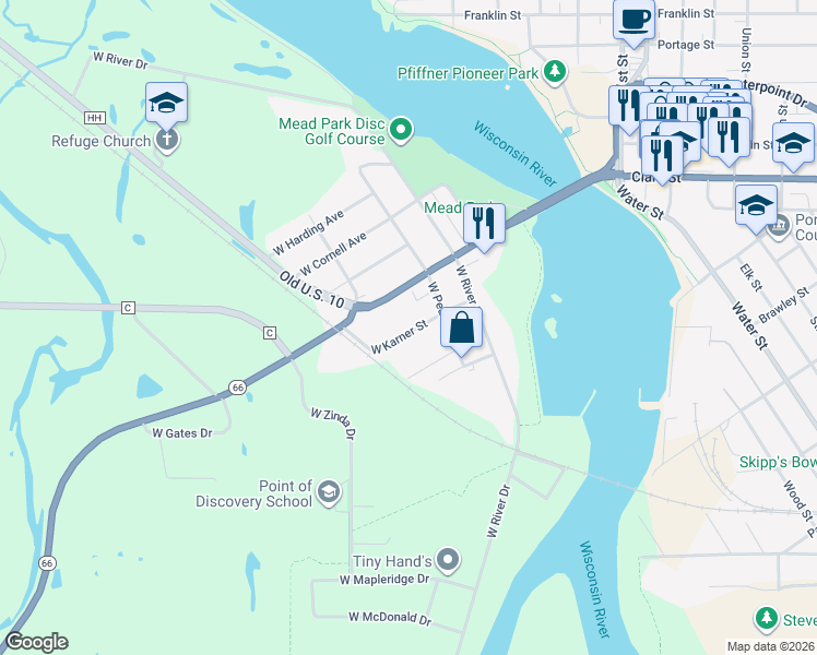 map of restaurants, bars, coffee shops, grocery stores, and more near 432 West Karner Street in Stevens Point