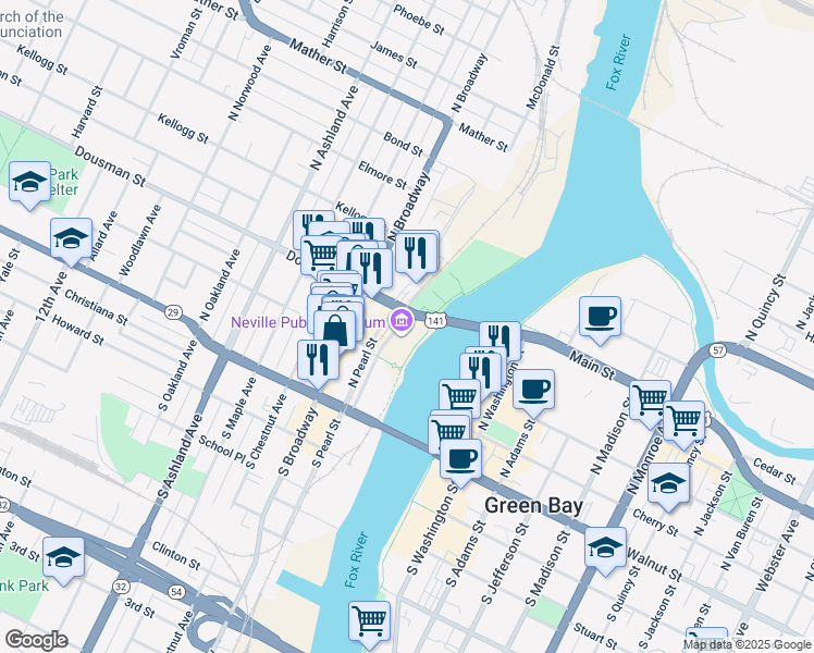 map of restaurants, bars, coffee shops, grocery stores, and more near 177 Dousman Street in Green Bay