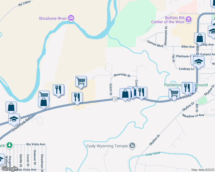 map of restaurants, bars, coffee shops, grocery stores, and more near 1805 Gulch Street in Cody