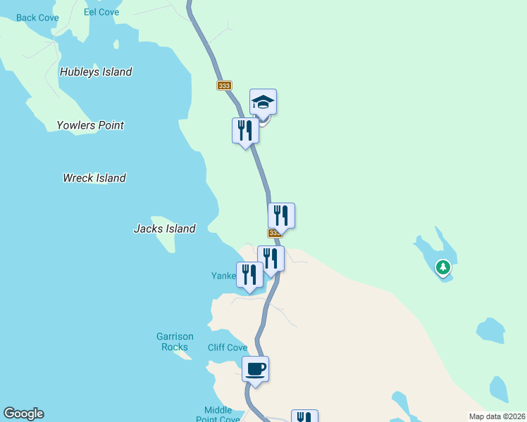 map of restaurants, bars, coffee shops, grocery stores, and more near 8580 Peggys Cove Road in Indian Harbour