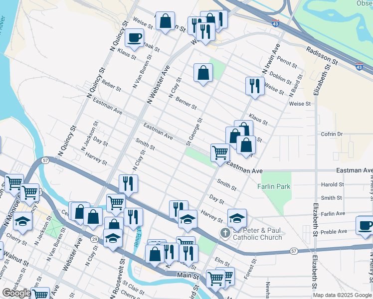 map of restaurants, bars, coffee shops, grocery stores, and more near 1038 Saint George Street in Green Bay