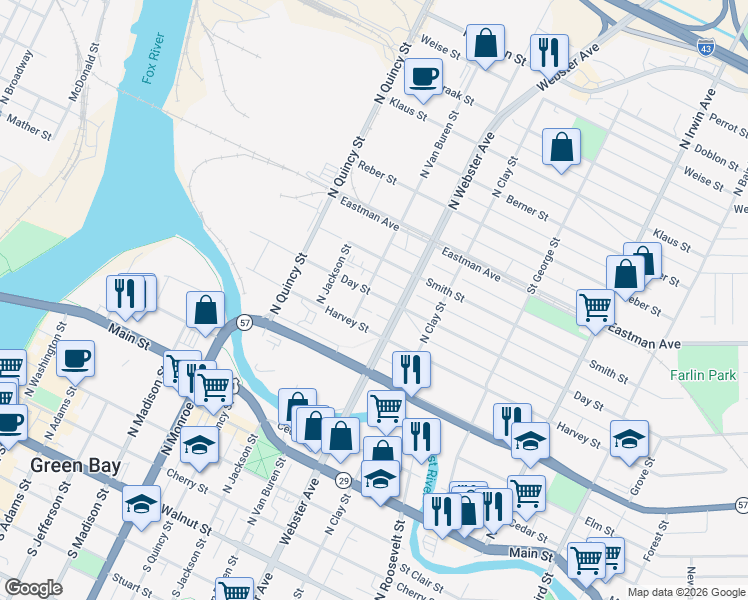map of restaurants, bars, coffee shops, grocery stores, and more near 908 Day Street in Green Bay