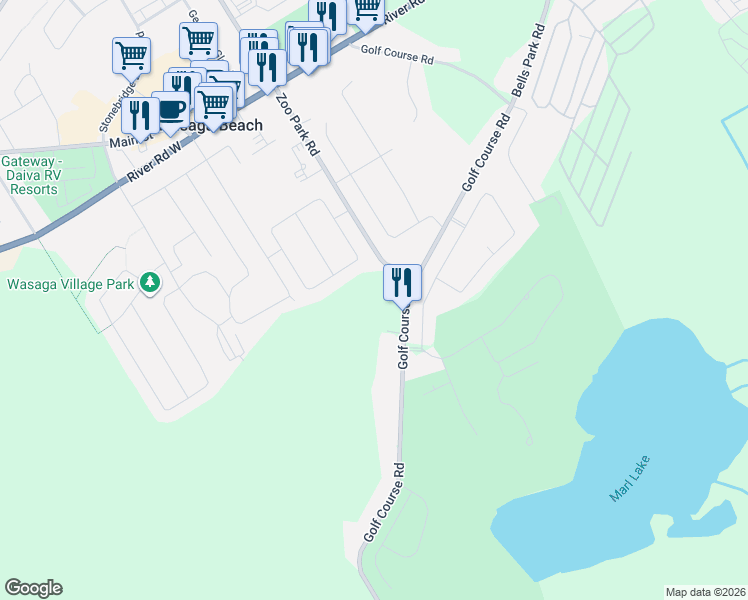 map of restaurants, bars, coffee shops, grocery stores, and more near 358 Golf Course Road in Wasaga Beach