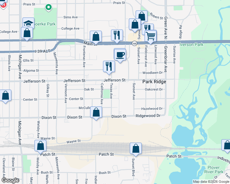 map of restaurants, bars, coffee shops, grocery stores, and more near 1901 Texas Avenue in Stevens Point