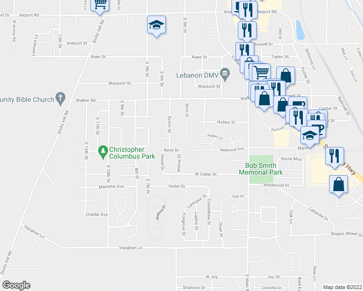 map of restaurants, bars, coffee shops, grocery stores, and more near 2810 Birch Street in Lebanon