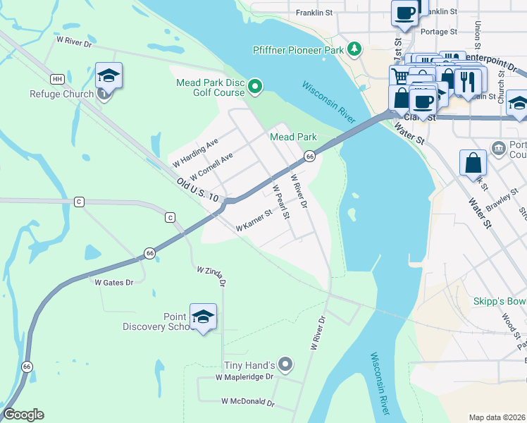 map of restaurants, bars, coffee shops, grocery stores, and more near 432 West Karner Street in Stevens Point