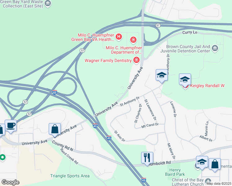 map of restaurants, bars, coffee shops, grocery stores, and more near 2809 University Avenue in Green Bay