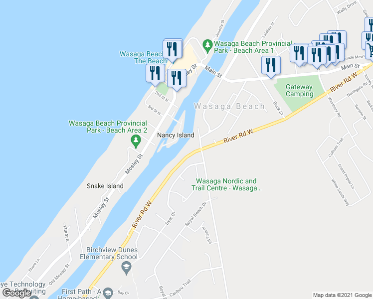 map of restaurants, bars, coffee shops, grocery stores, and more near 1094 River Road West in Wasaga Beach