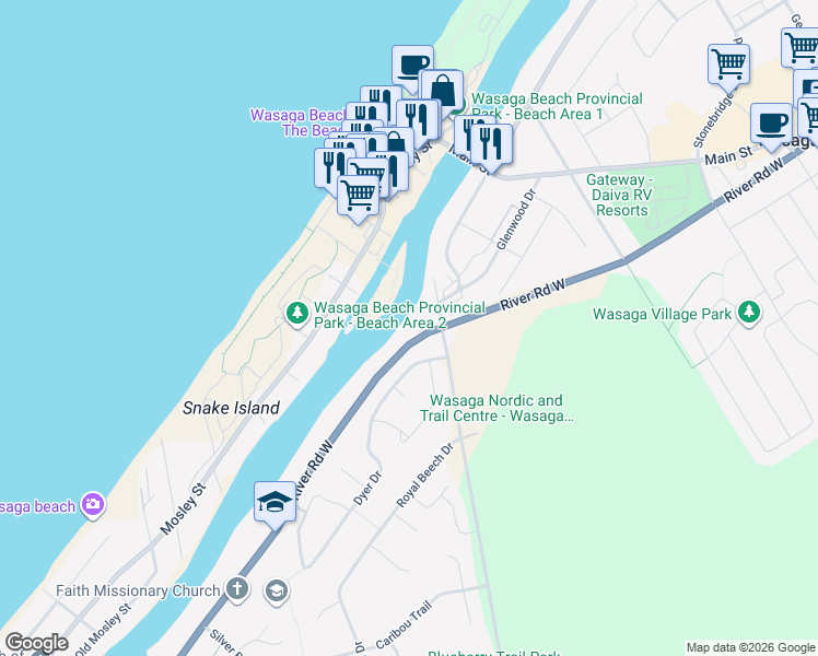 map of restaurants, bars, coffee shops, grocery stores, and more near 1094 River Road West in Wasaga Beach