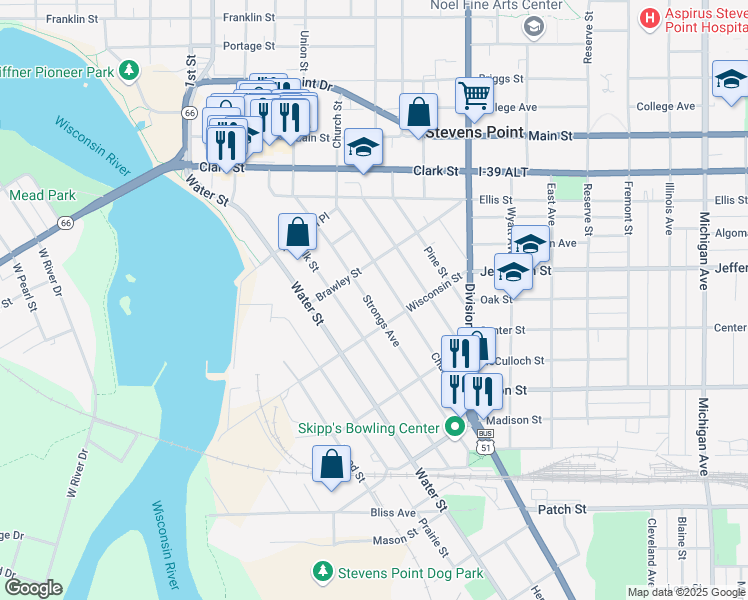 map of restaurants, bars, coffee shops, grocery stores, and more near 1749 Strongs Avenue in Stevens Point