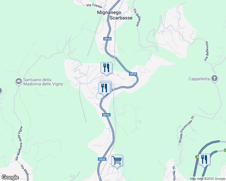 map of restaurants, bars, coffee shops, grocery stores, and more near 86 Strada Provinciale 35 dei Giovi in Mignanego