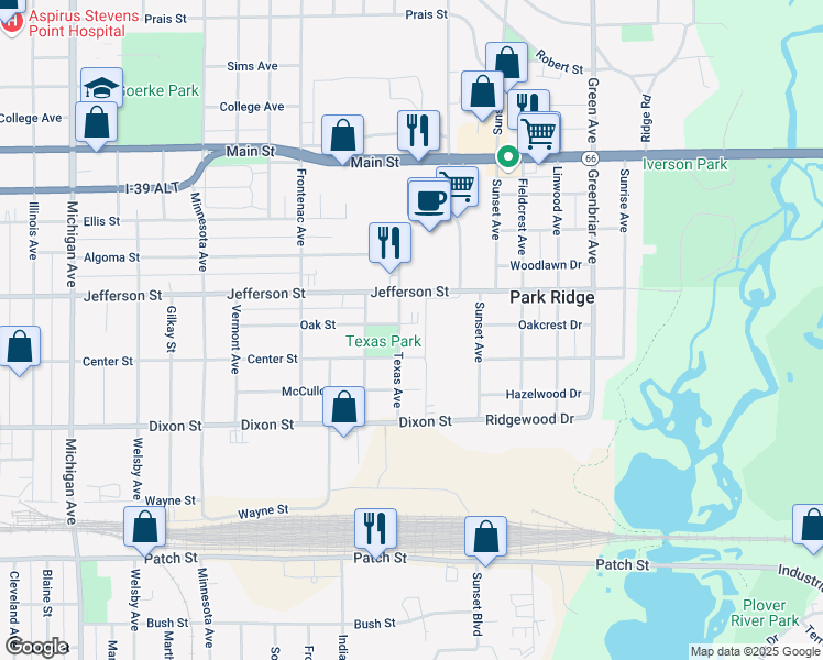map of restaurants, bars, coffee shops, grocery stores, and more near 1901 Texas Avenue in Stevens Point
