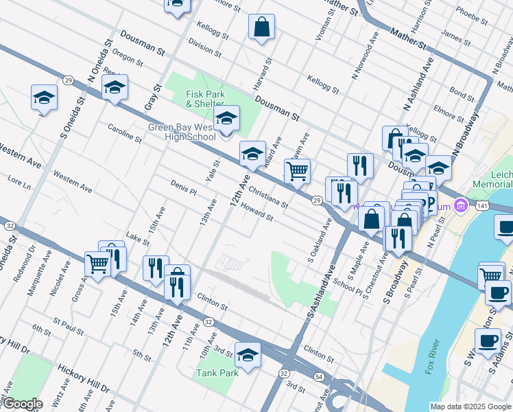 map of restaurants, bars, coffee shops, grocery stores, and more near 886 Howard Street in Green Bay