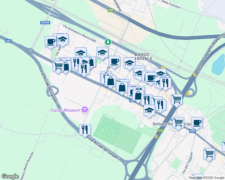 map of restaurants, bars, coffee shops, grocery stores, and more near 108 Via Marco Emilio Lepido in Bologna